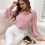 Nadorine V Neck Crinkle Crepe Lantern Sleeves Shirt Top Button-Down Loose Blouse