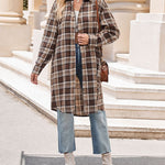 Nadorine Plaid Longline Button-Up Shacket Lapel Neck Long Sleeve Shirt Pocket