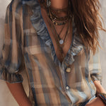 Retro Plaid Chiffon Blouse With Half Sleeves And Ruffle Details