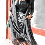 Mineral Washed Tassel Open Front Long Cardigan