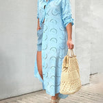 Solid Color Hollowed-Out Embroidery Shirt Dress Casual Long Sleeve Maxi Dress
