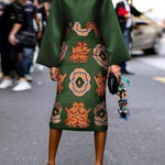 Long Sleeves Printed Round-Neck Midi Dresses