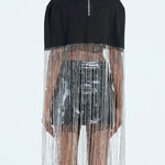 New Level Shiny Tassel Stand Neck Crop Cape Blouse