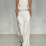 Women's Minimalist Linen Blend Halter Neck Blouse And Wide-leg Pants Set