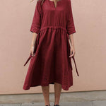 Nadorine Women's Cotton And Linen V-Neck Lace up Pocket 3/4 Length Sleeve Summer Dresses