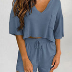 Two-piece Set Short Sleeve V-neck Top and Shorts Lounge Suits