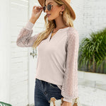 Nadorine V Neck Tops Solid Color Blouse Long Sleeve Pullover Lace Patchwork Shirt