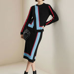 Irregularity Long Sleeves Abstract Printed Asymmetric Contrast Color Ribs Split-Joint Round-Neck Sweater Tops