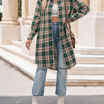 Nadorine Plaid Longline Button-Up Shacket Lapel Neck Long Sleeve Shirt Pocket