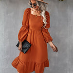 Solid Square Neck Bishop Sleeve Flounce Hem Dress