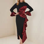 Bodycon Flared Sleeves Asymmetric Contrast Color Ruffled Zipper Stand Collar Midi Dresses