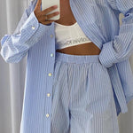 Nadorine Casual Striped Long Sleeved Shirt Loose High Waist Shorts Two-piece Set