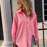 Nadorine Long Sleeve Lapel Cardigan Top Simple Solid Color Loose Fashion Casual Shirt