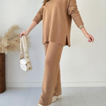 Solid Color Loose Hem Slit Two-piece Sweater Set