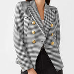 Houndstooth Double Breasted Button Down Notch Collar Blazer Jacket with Pockets
