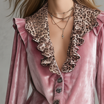 Retro V-neck Leopard Print Ruffled Hem Velvet Shirt