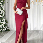 Party Love One Shoulder Ruched Waist Ruffle Slit Maxi Dress