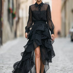 Striped Button-Front Ruffled High-Low Shirt Dress