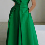 High Waisted Loose Pleated Solid Color V-Neck Midi Dresses