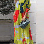 Loose Wrap Buttoned Contrast Color Pockets Printed Split-Side Shirt Dress