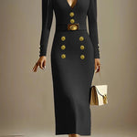 Long Sleeves Puff Sleeves Buttoned Solid Color Deep V-Neck Midi Dresses