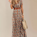 V Neck Short Sleeve Print Dress Belt Big Hem Beach Dress Elegant Long Dress