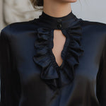 Black Satin Keyhole Ruffle Blouse