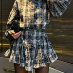Retro puff sleeve shirt + ruffled high-waisted mini skirt set