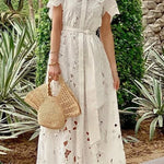 Dubai Style Floral Crochet Lace Short Sleeve Tie-up Shirt Maxi Dress