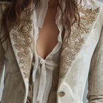 Ivory Velvet Embroidered Blazer With Lace Cuffs
