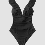 Ruffled Ruched Plunge Tummy Control Black One Piece Swimsuit