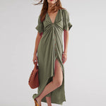 V Neck Short Sleeve Button Down Blouse Dress Tie Casual Long Maxi Dresses