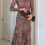 Retro leopard print high collar slim floor-length dress