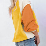 Nadorine Colorblock Bishop Sleeve Sweatshirt Plush Stitching Jumper Crop Top