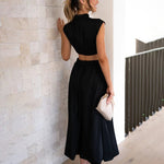 Stand Collar Solid Color Hollow Waist Long Dress