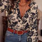 Black Boho Floral Pleated V Neck Lantern Sleeve Shirt