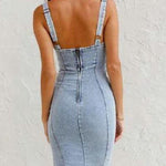 This Seasons Staple Denim Adjustable Straps Zip-up Firm Stretch Midi Dress