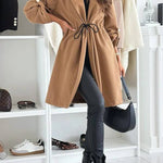 Effortless and Warm Textured Fabric Drawstring Waist Pocket Hooded Midi Coat