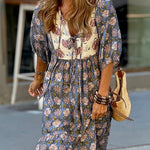 Bohemian Unique Print Puff Sleeve Lace-up Loose Holiday Maxi Dress