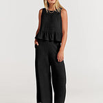 Nadorine 2 Piece Outfits Sleeveless Ruffle Tank Crop Top and Wide Leg Pants Lounge Set with Pockets