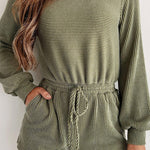 Pickle Green Corded Long Sleeve Pockets Drawstring Romper