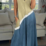 V Neck Sleeveless Color Block Printed Maxi Swing Dress