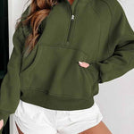 Green Zip Up Stand Collar Ribbed Thumbhole Sleeve Sweatshirt
