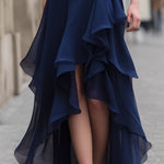Spaghetti Strap Asymmetric Ruffle High-Low Evening Dress