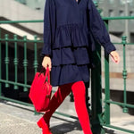Flared Sleeves Long Sleeves Buttoned Elasticity Layered Solid Color V-Neck Mini Dresses