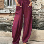 Solid Color Bottoms Elastic Waisted Pant Summer Baggy Trousers Straight Leg Pants