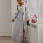 V-neck High Split Long Evening Dress with Belt