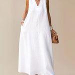 V Neck Pocket Loose Long Boho Dress Summer Sleeveless Tank Beach Dress