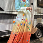 Gigi Unique Pattern Gradient Print Smocked Elastic Waist Fringed Maxi Dress