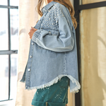 Street Ripped Denim Jacket Mid-length Distressed Jean Trucker Jackets with Pockets